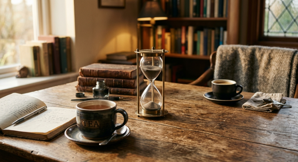 Hour glass, two coffee cups on desk